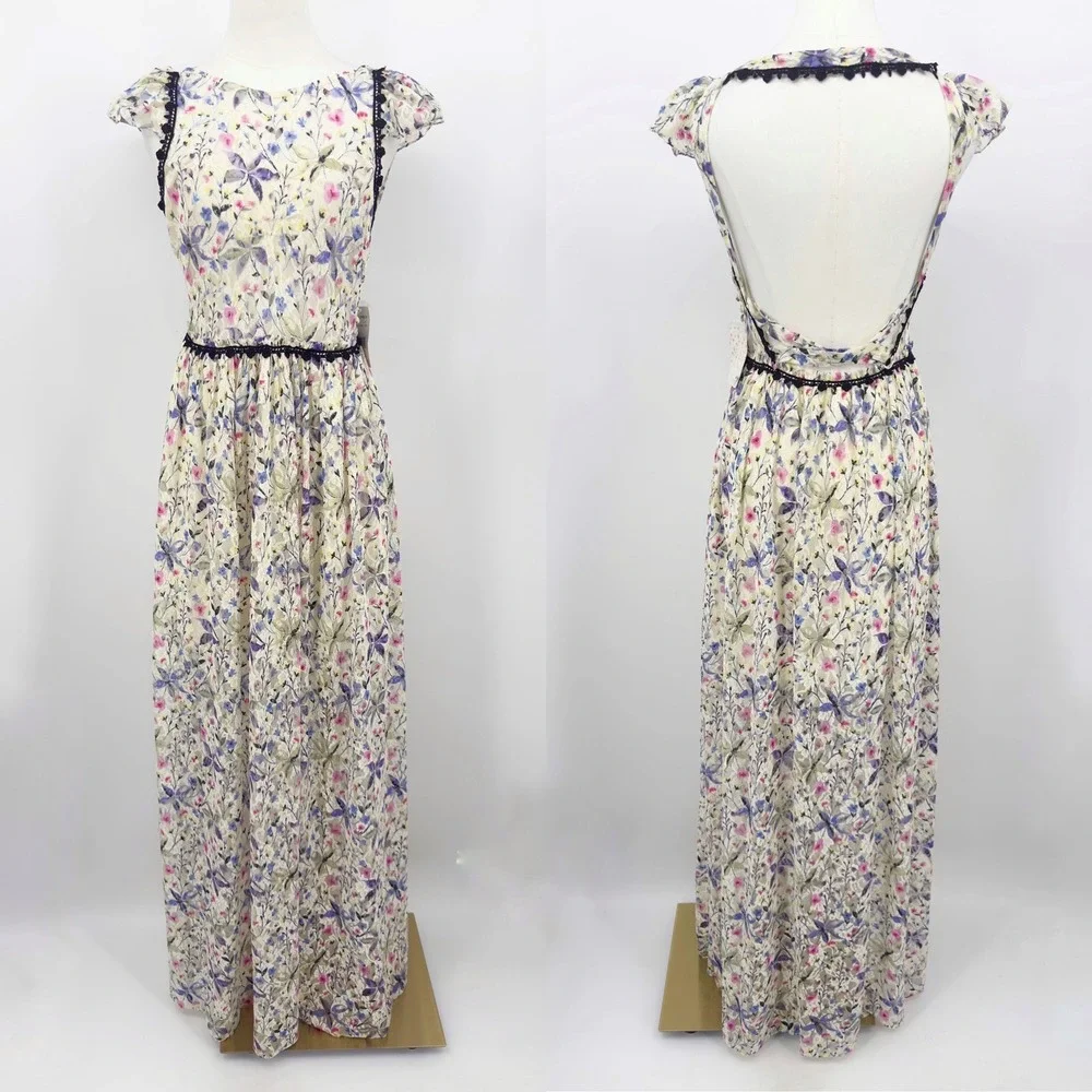 Free People Maxi Dress Spring Garden Lace Open Back Cream 4 Boho Cottagecore